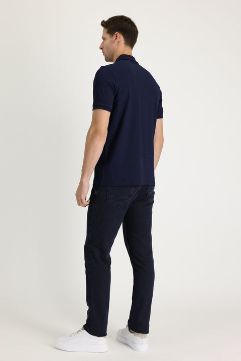 Dark Navy Regular Fit Standard Cut Lycra Denim Trousers