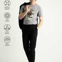 Black Techno-Line 7 Drop Slim Fit Narrow Cut Elastic Waist Drawstring Lycra Classic Fabric Trousers