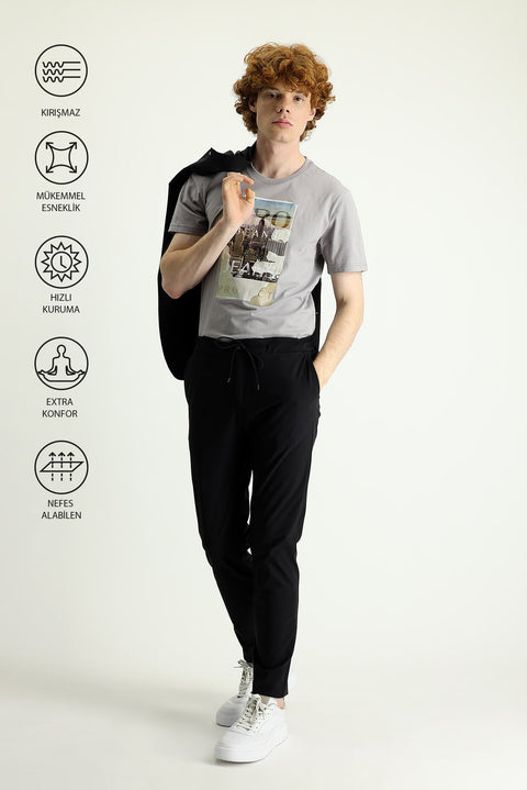 Black Techno-Line 7 Drop Slim Fit Narrow Cut Elastic Waist Drawstring Lycra Classic Fabric Trousers