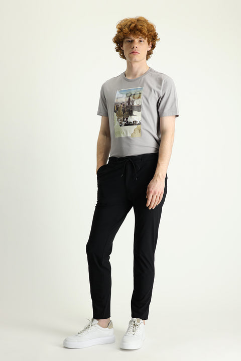 Black Techno-Line 7 Drop Slim Fit Narrow Cut Elastic Waist Drawstring Lycra Classic Fabric Trousers