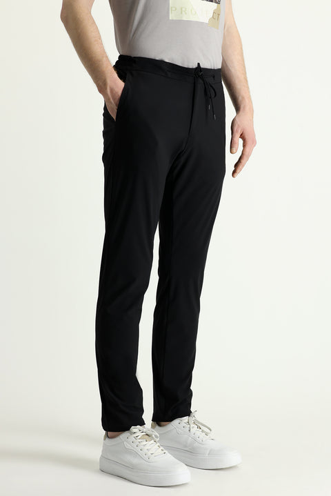 Black Techno-Line 7 Drop Slim Fit Narrow Cut Elastic Waist Drawstring Lycra Classic Fabric Trousers