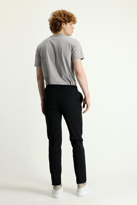 Black Techno-Line 7 Drop Slim Fit Narrow Cut Elastic Waist Drawstring Lycra Classic Fabric Trousers