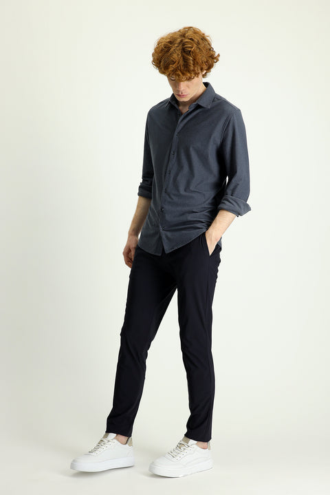 Dark Navy Techno-Line 7 Drop Slim Fit Narrow Cut Elastic Waist Drawstring Lycra Classic Fabric Trousers