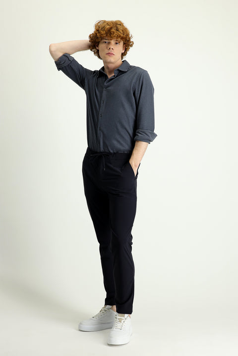 Dark Navy Techno-Line 7 Drop Slim Fit Narrow Cut Elastic Waist Drawstring Lycra Classic Fabric Trousers