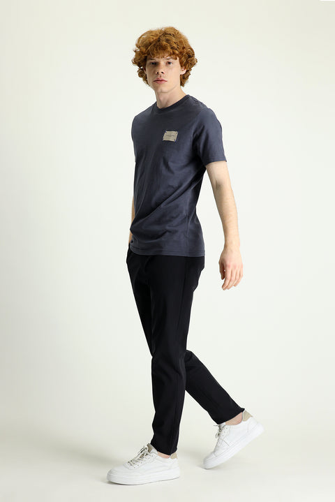 Black Techno-Line 7 Drop Slim Fit Narrow Cut Pants with Elastic Waistband and Drawstring, Made of Lycra Fabric