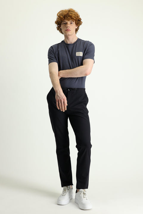 Black Techno-Line 7 Drop Slim Fit Narrow Cut Pants with Elastic Waistband and Drawstring, Made of Lycra Fabric