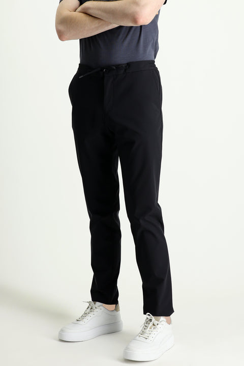 Black Techno-Line 7 Drop Slim Fit Narrow Cut Pants with Elastic Waistband and Drawstring, Made of Lycra Fabric