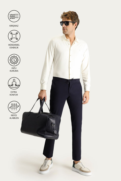 Dark Navy Techno-Line 7 Drop Slim Fit Trousers with Elastic Waistband and Lycra Fabric