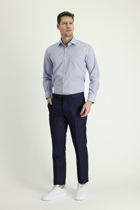 Dark Navy 4 Drop Relaxed Fit Classic Patterned Fabric Trousers