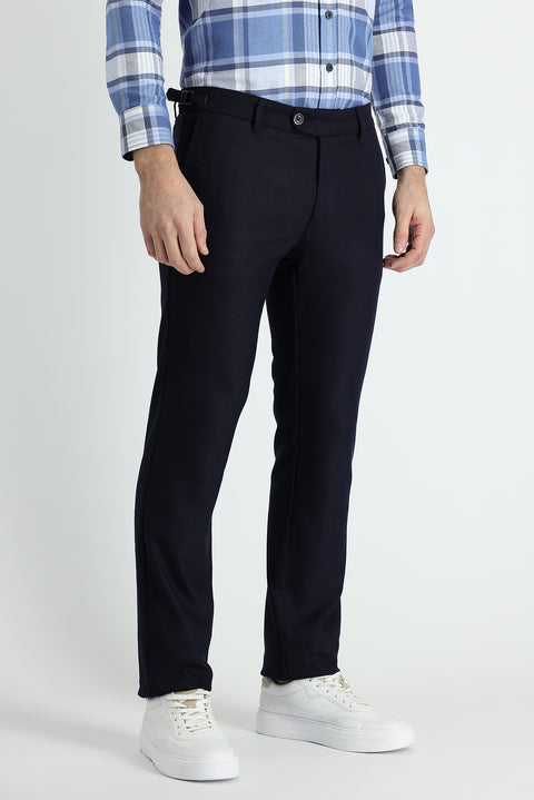Dark Navy 7 Drop Slim Fit Narrow Cut Lycra Classic Eyelet Fabric Trousers