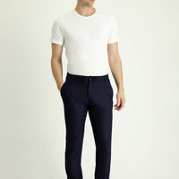 Koyu Lacivert 6 Drop Regular Fit Standart Kesim Beli Lastikli İpli Desenli Likralı Klasik Kumaş Pantolon