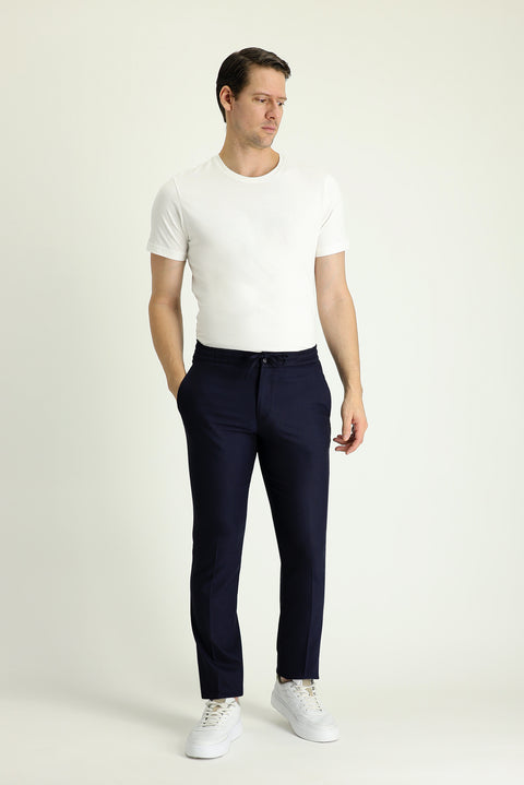 Koyu Lacivert 6 Drop Regular Fit Standart Kesim Beli Lastikli İpli Desenli Likralı Klasik Kumaş Pantolon