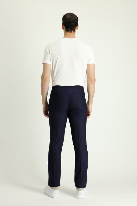 Koyu Lacivert 6 Drop Regular Fit Standart Kesim Beli Lastikli İpli Desenli Likralı Klasik Kumaş Pantolon