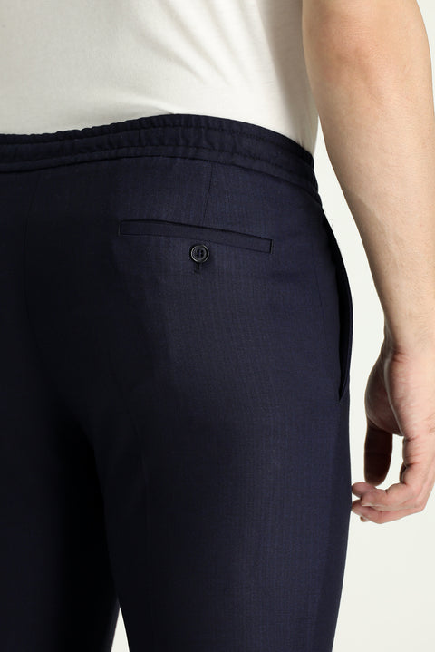 Koyu Lacivert 6 Drop Regular Fit Standart Kesim Beli Lastikli İpli Desenli Likralı Klasik Kumaş Pantolon