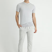 Light Grey 7 Drop Slim Fit Trousers with Elastic Waistband and Drawstring, Patterned Linen Blend Fabric
