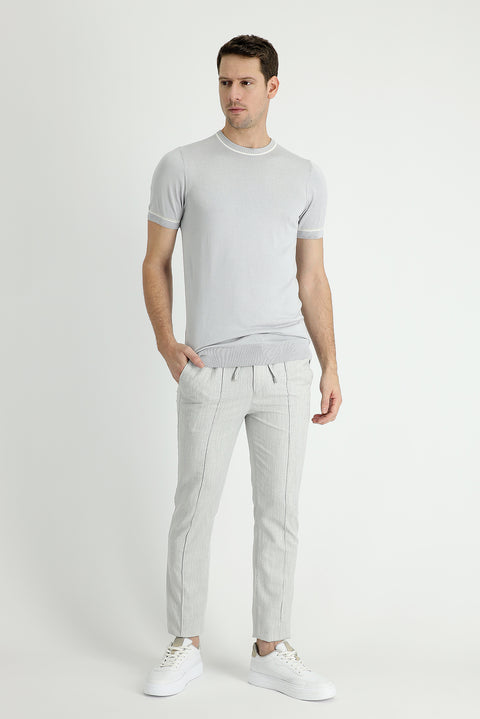 Light Grey 7 Drop Slim Fit Trousers with Elastic Waistband and Drawstring, Patterned Linen Blend Fabric