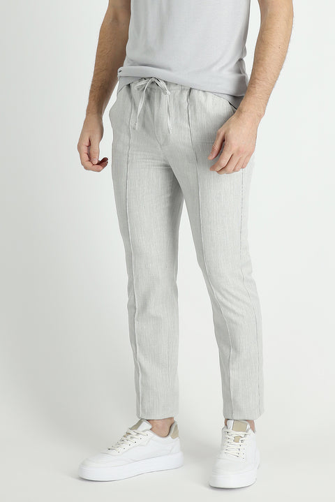 Light Grey 7 Drop Slim Fit Trousers with Elastic Waistband and Drawstring, Patterned Linen Blend Fabric