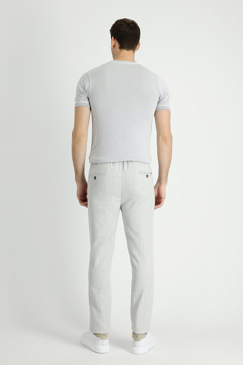 Light Grey 7 Drop Slim Fit Trousers with Elastic Waistband and Drawstring, Patterned Linen Blend Fabric