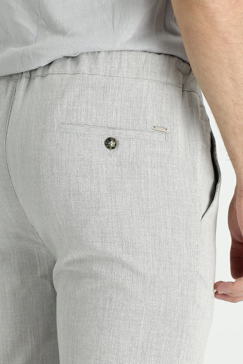 Light Grey 7 Drop Slim Fit Trousers with Elastic Waistband and Drawstring, Patterned Linen Blend Fabric