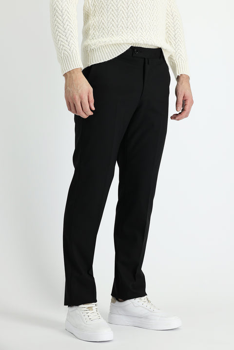 Black 4-Drop Relaxed Fit Casual Cut Classic Wool Fabric Trousers