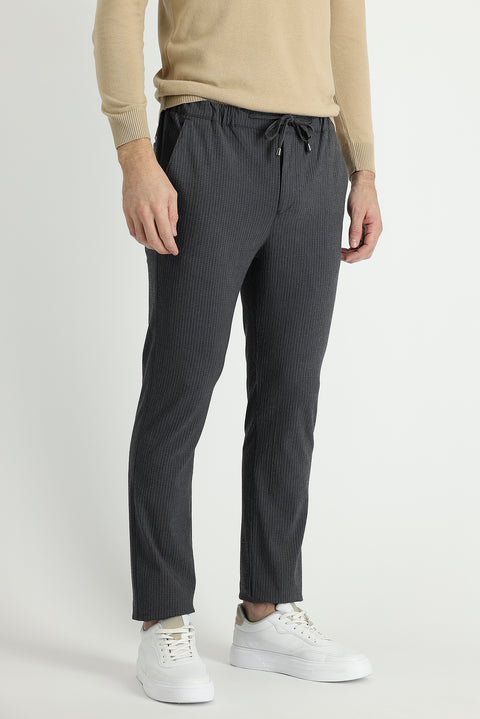 Black 7 Drop Slim Fit Narrow Cut Elastic Waist Drawstring Striped Lycra Classic Fabric Trousers