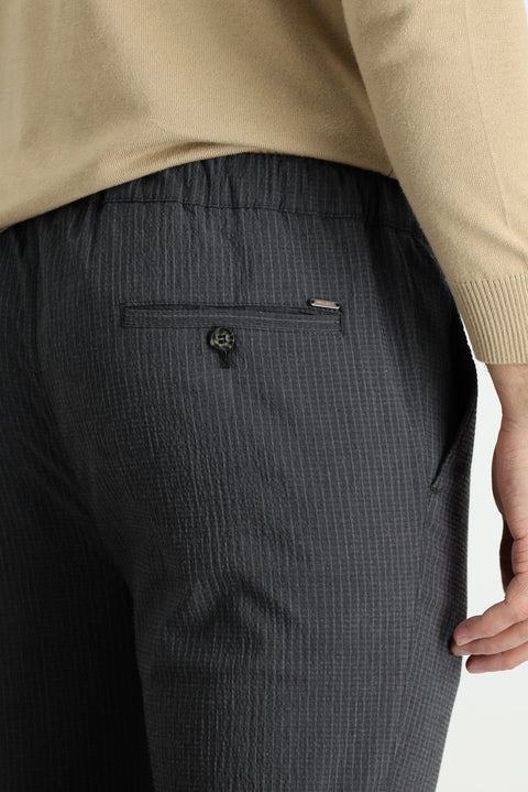 Black 7 Drop Slim Fit Narrow Cut Elastic Waist Drawstring Striped Lycra Classic Fabric Trousers