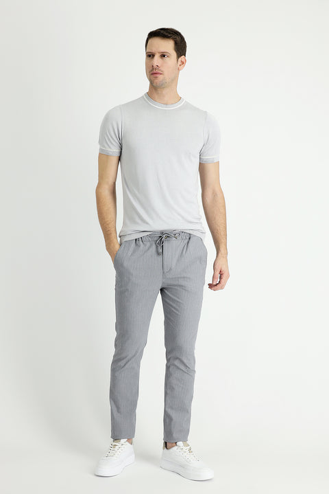 Orta Gri 7 Drop Slim Fit Dar Kesim Beli Lastikli İpli Çizgili Likralı Klasik Kumaş Pantolon
