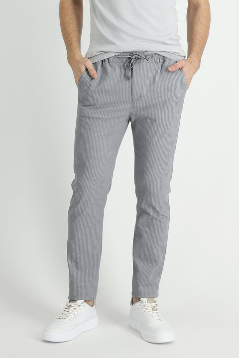 Orta Gri 7 Drop Slim Fit Dar Kesim Beli Lastikli İpli Çizgili Likralı Klasik Kumaş Pantolon