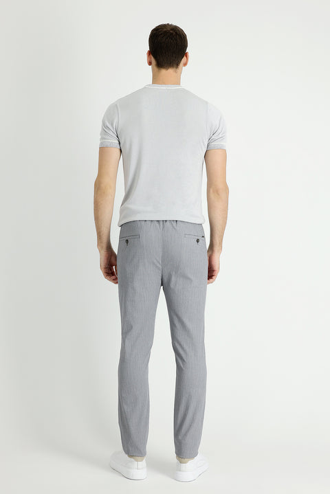 Orta Gri 7 Drop Slim Fit Dar Kesim Beli Lastikli İpli Çizgili Likralı Klasik Kumaş Pantolon