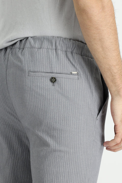 Orta Gri 7 Drop Slim Fit Dar Kesim Beli Lastikli İpli Çizgili Likralı Klasik Kumaş Pantolon