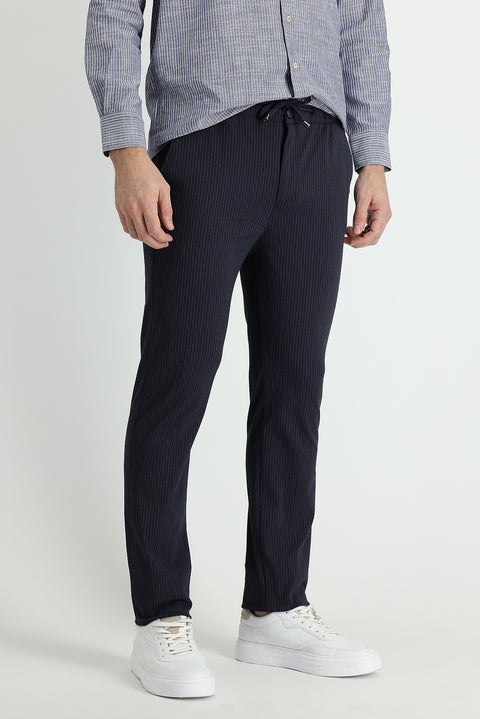 Dark Navy 7 Drop Slim Fit Narrow Cut Elastic Waist Drawstring Striped Lycra Classic Fabric Trousers