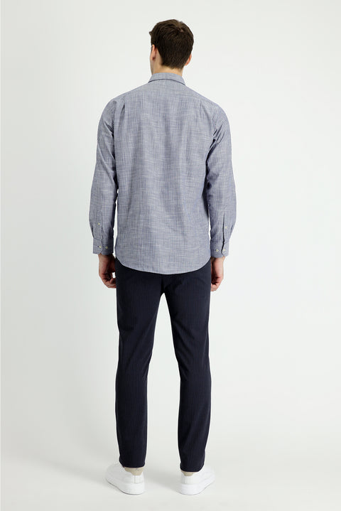Dark Navy 7 Drop Slim Fit Narrow Cut Elastic Waist Drawstring Striped Lycra Classic Fabric Trousers