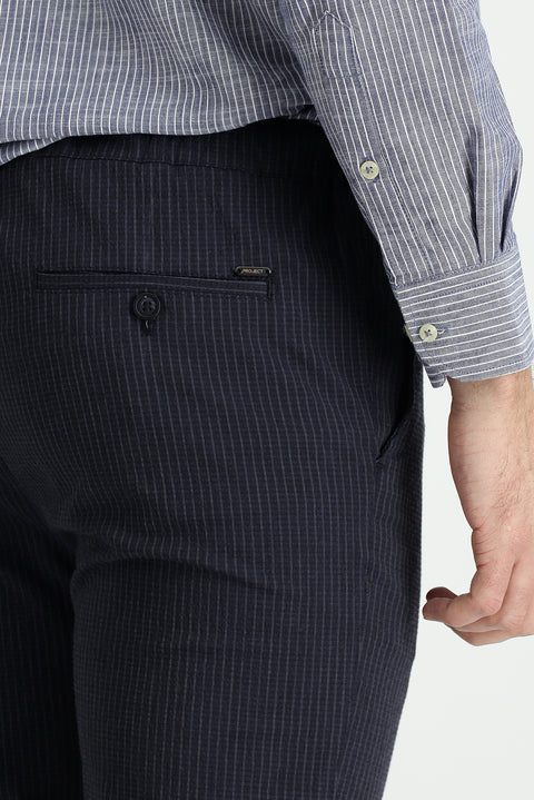 Dark Navy 7 Drop Slim Fit Narrow Cut Elastic Waist Drawstring Striped Lycra Classic Fabric Trousers