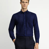 Dark Navy Blue Stand Collar Satin Slim Fit Narrow Cut Pleated Cotton Shirt Easy Iron