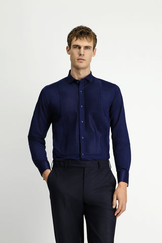  Koyu Lacivert Ata Yaka Saten Slim Fit Dar Kesim Piliseli Pamuklu Kolay Ütülenebilir Gömlek