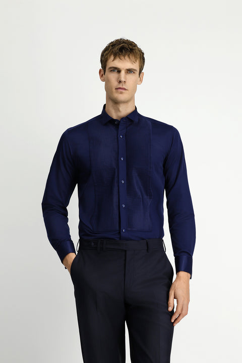 Dark Navy Blue Stand Collar Satin Slim Fit Narrow Cut Pleated Cotton Shirt Easy Iron