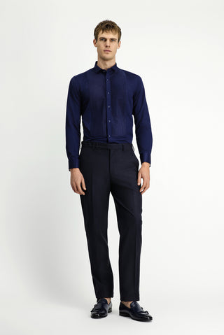  Koyu Lacivert Ata Yaka Saten Slim Fit Dar Kesim Piliseli Pamuklu Kolay Ütülenebilir Gömlek