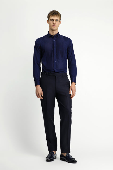 Dark Navy Blue Stand Collar Satin Slim Fit Narrow Cut Pleated Cotton Shirt Easy Iron
