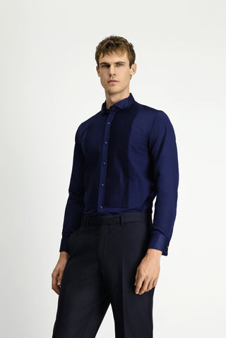  Koyu Lacivert Ata Yaka Saten Slim Fit Dar Kesim Piliseli Pamuklu Kolay Ütülenebilir Gömlek