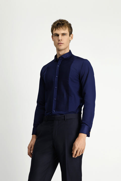 Dark Navy Blue Stand Collar Satin Slim Fit Narrow Cut Pleated Cotton Shirt Easy Iron