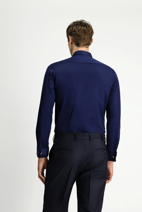 Dark Navy Blue Stand Collar Satin Slim Fit Narrow Cut Pleated Cotton Shirt Easy Iron