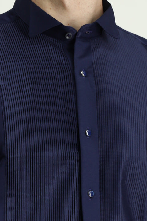 Dark Navy Blue Stand Collar Satin Slim Fit Narrow Cut Pleated Cotton Shirt Easy Iron