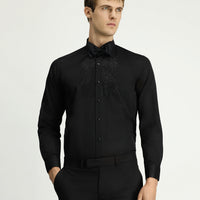 Black Stand Collar Slim Fit Narrow Cut Embellished Cotton Shirt, Easy Iron