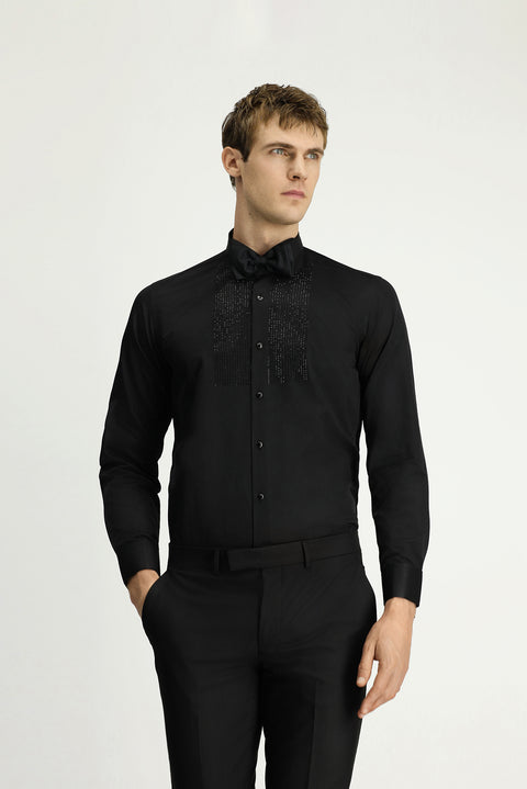 Black Stand Collar Slim Fit Narrow Cut Embellished Cotton Shirt, Easy Iron