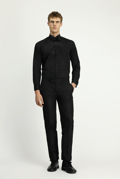 Black Stand Collar Slim Fit Narrow Cut Embellished Cotton Shirt, Easy Iron