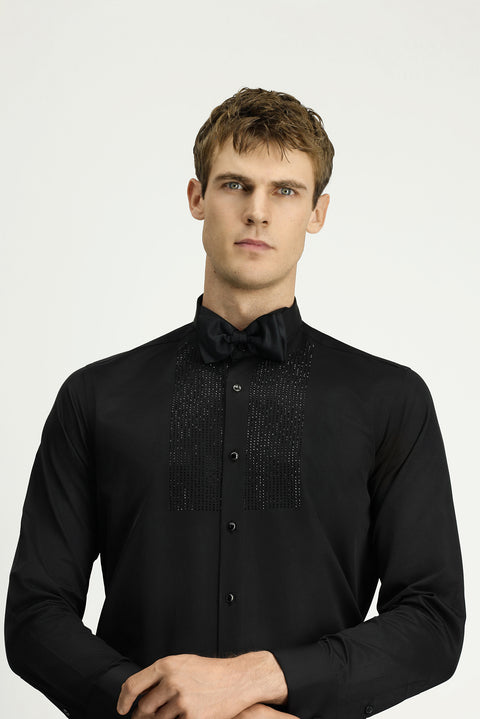 Black Stand Collar Slim Fit Narrow Cut Embellished Cotton Shirt, Easy Iron