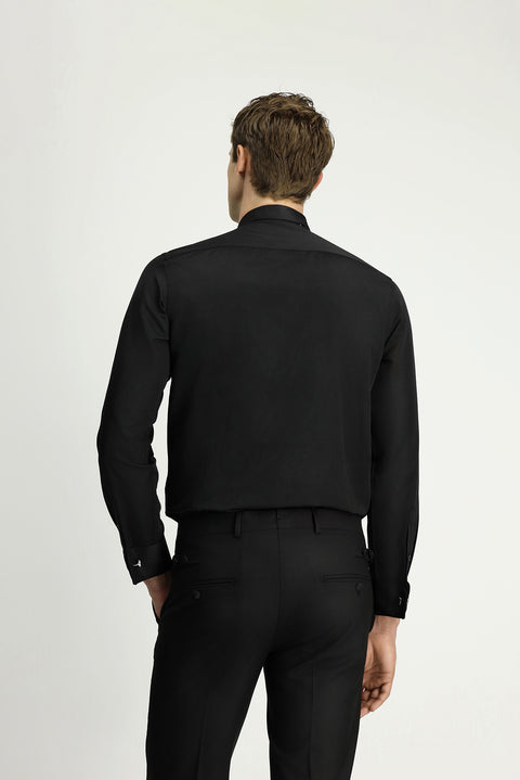 Black Stand Collar Slim Fit Narrow Cut Embellished Cotton Shirt, Easy Iron