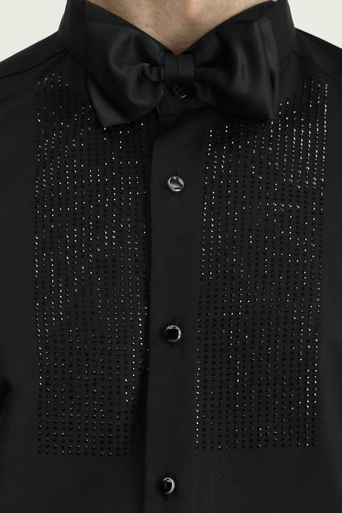 Black Stand Collar Slim Fit Narrow Cut Embellished Cotton Shirt, Easy Iron
