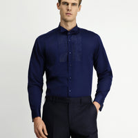 Dark Navy Blue Stand Collar Slim Fit Narrow Cut Embellished Cotton Shirt, Easy Ironing
