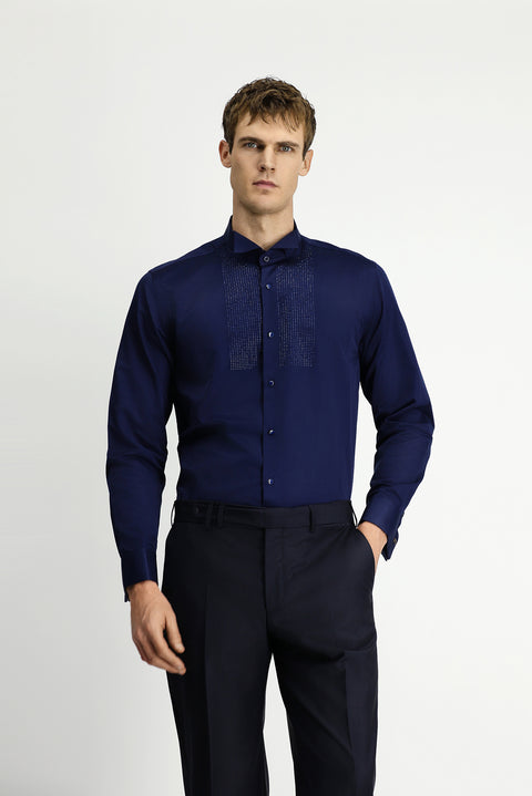 Dark Navy Blue Stand Collar Slim Fit Narrow Cut Embellished Cotton Shirt, Easy Ironing